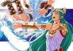  1boy 1girl amazingartistyellow angel_wings belt bracelet bracer brown_hair catching closed_eyes crown dress feathers flying green_hair highres jewelry kid_icarus kid_icarus_uprising long_hair palutena pit_(kid_icarus) sandals smile toga white_dress wings 