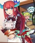  2girls :3 =_= apron bangs batter black_dress blue_eyes blue_horns blush bowl breasts brown_choker buttons choker collar commentary_request detached_collar door dragon_girl dragon_horns dragon_tail dragon_wings dragonmaid_parla dragonmaid_tillroo dress duel_monster eyebrows_visible_through_hair frilled_apron frilled_collar frilled_sleeves frills green_hair green_legwear hair_between_eyes hair_rings highres holding holding_bowl holding_sack holding_whisk horns indoors lace-trimmed_apron large_breasts long_hair long_sleeves looking_at_viewer lower_teeth maid maid_apron maid_dress maid_headdress mixing mixing_bowl motion_lines multiple_girls nose_blush open_door open_mouth popon_ta_(npopo) puffy_long_sleeves puffy_short_sleeves puffy_sleeves red_dress red_hair red_neckwear sack short_sleeves sidelocks spatula standing sweatdrop tail thighhighs upper_body whisk window wings wrist_cuffs yellow_horns yuu-gi-ou zettai_ryouiki |d 