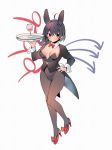  1girl ahoge akagashi_hagane animal_ears asymmetrical_wings black_hair black_jacket black_leotard blue_wings bow bowtie breasts bunny_ears bunny_tail bunnysuit commentary_request cup detached_collar drinking_glass full_body hand_on_hip hand_up high_heels highleg highleg_leotard holding holding_tray houjuu_nue jacket leotard long_sleeves medium_breasts pantyhose pointy_ears red_bow red_eyes red_footwear red_neckwear red_wings shoe_bow shoes short_hair simple_background sleeve_cuffs tail tailcoat touhou tray white_background wine_glass wings 
