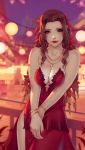  1girl aerith_gainsborough blurry blurry_background bracelet breasts brown_hair cleavage dress drill_hair final_fantasy final_fantasy_vii green_eyes jewelry lips long_dress long_hair looking_at_viewer medium_breasts nail_polish necklace red_dress solo soranamae strapless strapless_dress 