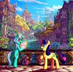  2020 absurd_res bag basket bonbon_(mlp) building city derpy_hooves_(mlp) detailed_background equid equine female friendship_is_magic hi_res horn horse house jowybean lyra_heartstrings_(mlp) mammal mountain my_little_pony paper pencil_(disambiguation) pony ponyville river unicorn water 
