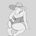  absurd_res anthro barefoot blush boss_monster bovid breasts butt caprine clothing curvy_figure cute_fangs female floppy_ears fluffy fluffy_ears goat hat headgear headwear hi_res horn line_art mammal mature_female monochrome one-piece_swimsuit short_tail side_boob simple_background slightly_chubby solo swimwear thick_thighs tkraccoon toriel undertale video_games voluptuous 