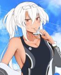  1girl alternate_costume black_nails breasts cleavage dark_skin eyebrows_visible_through_hair eyewear_on_head glasses kantai_collection large_breasts long_hair looking_at_viewer musashi_(kantai_collection) one-piece_swimsuit red_eyes solo swimsuit upper_body white_hair yunamaro 