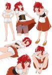  1girl apron back bare_shoulders barefoot bloomers blush breasts character_sheet cleavage flower grin hands_on_hips highres looking_at_viewer nipple_slip nipples open_mouth original red_eyes red_hair sitting skirt sleeping smile spread_legs twintails underwear yanagida_fumita 
