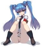  1girl armband bangs blue_eyes blue_hair blunt_bangs boots breasts covering covering_crotch eyebrows_visible_through_hair highres long_hair masao medium_breasts necktie nipples no_pants original revision see-through shirt sitting smile solo thighs twintails white_background white_shirt 