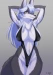  2018 anthro arm_tuft black_bikini black_clothing breasts camel_toe canid canine clothed clothing elbow_tufts female front_view fur fur_tuft grey_body grey_ears grey_fur grey_tail hi_res kemono looking_at_viewer mammal mayoi89g navel portrait pose skimpy solo three-quarter_portrait tuft 