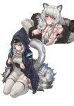  1girl absurdres animal_ear_fluff animal_ears arknights armpits black_hair blue_jacket blush braid breasts brown_eyes cleavage cosplay doctor_(arknights) doctor_(arknights)_(cosplay) eyebrows_visible_through_hair full_body fur-trimmed_sleeves fur_trim grey_scarf hair_over_breasts highres hood hooded_jacket jacket large_breasts leopard_ears leopard_tail long_hair long_sleeves lying multicolored_hair multiple_views on_back pillow pramanix_(arknights) robe scarf seiza shizuoxing_kof sick side_braids silver_eyes silver_hair simple_background sitting skindentation smile solo sweat tabard tail thermometer thigh_strap thighhighs thighs twin_braids two-tone_hair wavy_hair white_background white_legwear 
