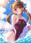  1girl blue_sky breasts brown_hair cloud competition_swimsuit cowboy_shot day double_bun grin highleg highleg_swimsuit long_hair looking_at_viewer medium_breasts nigouu one-piece_swimsuit original outdoors red_eyes red_swimsuit sky smile solo splashing sun swimsuit towel twintails water white_towel 