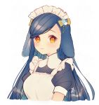  1girl :3 animal_ears apron bangs blue_hair bow breasts bunny_ears closed_mouth flower hair_bow hair_flower hair_ornament honzuki_no_gekokujou kemonomimi_mode large_breasts long_hair looking_at_viewer maid_apron maid_headdress maine_(honzuki_no_gekokujou) older puffy_short_sleeves puffy_sleeves rinndouk short_sleeves simple_background solo swept_bangs upper_body white_apron white_background yellow_eyes 