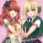  2girls bangs blonde_hair blue_skirt blunt_bangs blush braid braided_bangs braided_bun breasts capelet de_ruyter_(kantai_collection) english_text eyebrows_visible_through_hair green_eyes green_legwear green_sailor_collar green_serafuku green_vest hair_between_eyes hair_ribbon hairband kantai_collection long_hair looking_at_viewer medium_breasts multiple_girls neckerchief necktie open_mouth orange_neckwear outstretched_arm perth_(kantai_collection) pleated_skirt purple_eyes red_hair ribbon ringo_sui sailor_collar school_uniform serafuku shirt short_sleeves sidelocks simple_background skirt sweatdrop thighhighs trembling v vest white_background white_shirt 