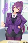  1girl bangs blush breasts fate/grand_order fate_(series) hair_between_eyes large_breasts long_hair long_sleeves looking_at_viewer office_lady open_mouth pencil_skirt purple_hair purple_ribbon red_eyes ribbon scathach_(fate)_(all) scathach_skadi_(fate/grand_order) skirt solo speech_bubble thighs translation_request unadon 