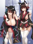  2girls animal_ear_fluff animal_ears artist_name azur_lane bangs bare_shoulders bell black_hair black_kimono blue_eyes blunt_bangs blush breasts butterfly_hair_ornament cat_ears cleavage collarbone eyebrows_visible_through_hair fang fusou_(azur_lane) hair_between_eyes hair_ornament hands_up highres huge_breasts indoors japanese_clothes jingle_bell kimono leaning_forward long_hair long_sleeves looking_at_viewer mask mask_on_head multiple_girls nipple_slip nipples oekakizuki off-shoulder_kimono one_breast_out open_mouth paw_pose red_eyes short_hair short_kimono sideboob signature smile standing thighhighs white_legwear wide_sleeves window yamashiro_(azur_lane) 