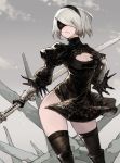  1girl 2boys black_blindfold black_gloves black_hairband black_legwear blindfold boots breasts chobi_(sakuyasakuhana) cleavage cleavage_cutout cloud feather_trim gloves grey_sky hairband highres holding holding_sword holding_weapon knee_boots mole mole_under_eye multiple_boys nier_(series) nier_automata parted_lips puffy_sleeves scabbard sheath sheathed short_hair silver_hair sky solo standing sword thighhighs turtleneck weapon yorha_no._2_type_b 
