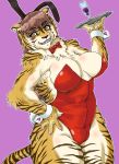  2018 absurd_res anthro arm_tuft beverage breasts camel_toe clothed clothing elbow_tufts eyebrow_through_hair eyebrows fake_ears fake_rabbit_ears felid female fur hair hi_res holding_tray kemosuke leotard looking_at_viewer mammal monotone_clothing pantherine red_leotard sharp_teeth simple_background solo striped_body striped_fur striped_tail stripes teeth tiger translucent translucent_hair tray tuft 