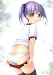  1girl :d ass bangs black_bow black_legwear blurry blurry_background blush bow buruma buruma_pull commentary_request depth_of_field eyebrows_visible_through_hair hair_bow highres looking_at_viewer looking_back open_mouth original panties pulled_by_self purple_eyes purple_hair red_buruma shibacha shirt short_hair short_sleeves smile solo thighhighs twintails underwear upper_teeth white_panties white_shirt 