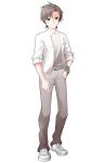  1boy blazer brown_eyes brown_hair cevio closed_mouth collared_shirt commentary_request dairi eyebrows_visible_through_hair full_body grey_footwear hand_on_hip highres jacket looking_at_viewer male_focus pants shirt shoes smile sneakers solo standing tachi-e takahashi_(cevio) transparent_background white_jacket white_shirt wing_collar 