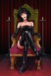  1girl bare_shoulders black_footwear black_gloves black_hair boots crossed_legs dominatrix elbow_gloves gloves head_tilt high_heel_boots high_heels highres looking_at_viewer masurawo3938 open_mouth original red_carpet red_curtains red_eyes shoe_soles short_hair smirk sneer solo thigh_boots thighhighs throne v-shaped_eyebrows 