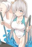  1girl anastasia_(fate/grand_order) ass bangs blue_eyes blue_swimsuit breasts closed_mouth fate/grand_order fate_(series) hair_over_one_eye hairband large_breasts long_hair looking_at_viewer multiple_views one-piece_swimsuit pool_ladder shiseki_hirame silver_hair smile swimsuit water wet white_swimsuit 