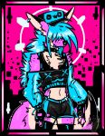  ambiguous_gender anthro blue_body blue_hair bottomwear canid canine clothed clothing collar digital_drawing_(artwork) digital_media_(artwork) fangs fashion fox fur hair half_body hat headgear headwear hi_res hybrid jacket legwear long_hair long_tail madnessandgiovanni0595 mammal model_sheet owo piercing pink_body pink_fur pink_hair rave shirt shorts socks spikes standing tank_top teeth tongue topwear urban 