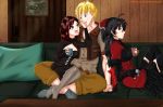  black_hair blonde_hair blue_eyes couch cup hand_in_hair icesticker polygamy raven_branwen red_eyes red_hair relaxing rwby silver_eyes summer_rose taiyang_xiao_long teacup 