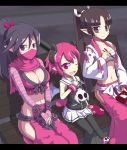  3girls asuka_cranekick bangs bench black_hair blush_stickers breasts check_commentary chopsticks cleavage collarbone commentary commentary_request demon_horns demon_tail demon_wings disgaea drinking_straw eating eyebrows_visible_through_hair flat_chest frilled_skirt frills halcyon_(halcyon90) highres horns juice_box kyoko_needleworker large_breasts long_hair looking_at_viewer lunch makai_senki_disgaea_3 mask medium_breasts mouth_mask multiple_girls ninja ninja_mask obentou one_eye_closed pants pantyhose pink_eyes pink_hair pink_pants pink_scarf pink_skirt pointy_ears ponytail purple_eyes raspberyl rice sarashi scarf shiny shiny_hair short_hair sidelocks sitting skirt tail white_skirt wings wristband 