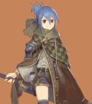  1girl armor bangs belt belt_buckle black_belt blue_hair brooch brown_background brown_cape brown_eyes buckle cape checkered checkered_cape closed_mouth commentary_request facing_viewer fantasy flask grey_scarf grey_shorts hair_between_eyes highres holding holding_sword holding_weapon jewelry looking_at_viewer medium_hair nkmr8 original ponytail scabbard scarf sheath sheathed short_shorts shorts simple_background smile solo standing sword thighhighs upper_body weapon zettai_ryouiki 
