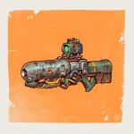  cyberpunk energy_gun fallout fernando_correa from_side gun highres laser_rifle no_humans orange_background retro rifle science_fiction scope signature simple_background vault_boy weapon 