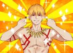  1boy artist_request bangs blonde_hair censored censored_gesture double_middle_finger earrings emotional_engine_-_full_drive fate/grand_order fate_(series) gilgamesh grin hair_between_eyes hands_up highres jewelry looking_at_viewer mosaic_censoring muscle necklace parody red_eyes shaded_face shirtless short_hair smile sparkle sunburst sunburst_background tattoo yellow_background 