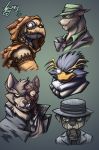  anthro avian beak bird blue_body blue_fur brown_body brown_clothing brown_fur bulldog canid canine canis clothed clothing corvid corvus_(genus) crow dc_comics domestic_dog fur green_clothing grey_body grey_clothing grey_fur group hat headgear headshot_portrait headwear hi_res jaeh joker male mammal mask mastiff molosser multicolored_clothing mustela mustelid musteline portrait puppet scar scarecrow scarface_(dc) simple_background teeth text the_penguin the_riddler two_face wolf wounded 