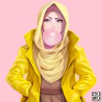  1girl absurdres blue_eyes brown_dress bubble_blowing chewing_gum coat dress eyelashes eyeliner eyeshadow food hands_in_pockets highres hijab jamrolypoly lips makeup muslim nose original pink_background pink_eyeshadow popped_collar raincoat raised_eyebrow solo thick_eyebrows yellow_coat 