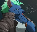  anthro blue_body blue_fur clothed clothing fur green_hair hair hyaenid male mammal mohawk_(hairstyle) muscular muscular_male nyarlathotep_(housamo) oyabin1124 smile solo striped_hyena tokyo_afterschool_summoners tongue video_games 