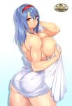  1girl 23_(real_xxiii) absurdres ass bangs blue_hair breasts gakuen_taisen_valkyries glasses hairband highres large_breasts looking_at_viewer medium_hair naked_towel parted_lips red_eyes sabra_greengold simple_background solo towel wet 