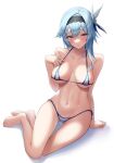  1girl asymmetrical_hair bangs bikini blue_hair breasts eula_(genshin_impact) eyebrows_visible_through_hair full_body genshin_impact gohei_(aoi_yuugure) gradient_eyes hair_ornament hairband hand_up light_blue_hair looking_at_viewer medium_breasts medium_hair micro_bikini multicolored_eyes navel purple_eyes raised_eyebrows side-tie_bikini simple_background sitting solo stomach strap_gap swimsuit white_background yellow_eyes yokozuwari 