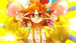  1girl artist_request bangs bindi black-framed_eyewear blush bow breasts brown_eyes brown_hair chest_jewel cleavage closed_mouth confetti cropped_jacket double_v elephant_hat emotional_engine_-_full_drive fate/grand_order fate_(series) ganesha_(fate) glasses hair_bow hamster hands_up highres indian_clothes jacket jewelry jinako_carigiri large_breasts long_hair long_sleeves looking_at_viewer messy_hair neck_ring open_clothes open_jacket parody parted_bangs puffy_long_sleeves puffy_sleeves ring shirt smile sparkle star sunburst sunburst_background thick_eyebrows tongue tongue_out v white_shirt yellow_background yellow_jacket 