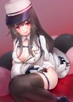  1girl ass_visible_through_thighs azur_lane bangs black_gloves black_hair black_legwear blush breasts buttons cleavage coat eyebrows_visible_through_hair fur-trimmed_coat fur_trim gloves gradient gradient_background hat highres kelly_0w0 large_breasts long_hair long_sleeves looking_at_viewer open_mouth padded_coat pamiat_merkuria_(azur_lane) purple_eyes red_eyes russian_clothes shirt sitting smile solo thighhighs tongue tongue_out white_coat white_headwear 