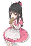  1girl absurdres apron bangs black_hair bow bread child dress eating eyebrows_visible_through_hair food hair_bow highres long_sleeves one_side_up original pink_bow pink_dress short_over_long_sleeves short_sleeves sitting solo wet.elephant white_apron yellow_eyes 