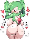  1girl ass backboob blush breasts from_behind gardevoir gen_3_pokemon heart kanikama large_breasts looking_at_viewer looking_back nude open_mouth pokemon pokemon_(creature) red_eyes simple_background solo sweat white_background 