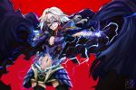  1boy armor black_armor black_cape black_legwear body_armor cape cleavage_cutout commentary_request digital_dissolve electricity fate/grand_order fate_(series) fauls garter_straps hair_intakes hand_on_own_face highres jamrolypoly licking_lips long_hair magic male_focus miniskirt multicolored_hair navel odysseus_(fate/grand_order) outstretched_arm pauldrons pectorals red_background red_hair silver_hair skirt solo thighhighs tongue tongue_out two-tone_hair yellow_eyes 