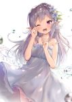  1girl bangs bare_arms bare_shoulders blush collarbone commentary_request dress elf flower gaaratelier grey_dress grey_flower grey_hair hair_flower hair_ornament highres long_hair one_eye_closed open_mouth original pointy_ears purple_eyes purple_flower simple_background sleeveless sleeveless_dress solo strap_slip tears very_long_hair water_drop white_background wiping_tears 