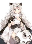  1girl animal_ear_fluff animal_ears arknights belt blush bracelet braid capelet circlet cloak grey_eyes highres jewelry long_hair looking_at_viewer messy_hair necklace outstretched_hand pouch pramanix_(arknights) side_slit simple_background situmey solo tail thighhighs thighs white_background white_hair wristband 