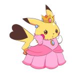  artsy-rc clothed_pokemon commentary cosplay crown english_commentary full_body gen_1_pokemon highres mario_(series) no_humans parted_lips pikachu pokemon pokemon_(creature) princess_peach princess_peach_(cosplay) signature simple_background standing white_background 