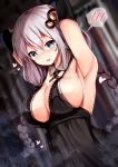 1girl :d armpits arms_behind_back arms_up bangs black_dress blue_eyes blurry blurry_background blush braid breasts cleavage depth_of_field detached_collar detached_sleeves dress dutch_angle eyebrows_visible_through_hair frilled_dress frills hair_ornament heart highres indoors kizuna_akari large_breasts long_hair looking_at_viewer nose_blush open_mouth se-u-ra silver_hair sleeveless sleeveless_dress smile solo speech_bubble spoken_blush twin_braids very_long_hair vocaloid voiceroid 