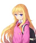  1girl absurdres avant_garde_(artist) backpack bag bangs black_backpack blonde_hair blue_eyes blush commentary_request eyebrows_visible_through_hair frown gabriel_dropout highres long_hair looking_at_viewer necktie pink_hoodie red_neckwear shirt simple_background solo tenma_gabriel_white upper_body very_long_hair white_background white_shirt 