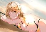  1girl arrichee beach bikini black_ribbon blonde_hair blurry blurry_background breasts brown_eyes cleavage cloud cloudy_sky eyebrows_visible_through_hair front-tie_bikini front-tie_top grin highres isshiki_iroha long_hair looking_at_viewer lying medium_breasts multi-strapped_bikini navel on_stomach one_eye_closed outdoors ribbon sideboob sky smile solo swimsuit untied untied_bikini yahari_ore_no_seishun_lovecome_wa_machigatteiru. yellow_ribbon 