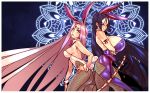  2girls absurdly_long_hair absurdres animal_ears ass back-to-back belt black_hair breast_hold breasts bunny_ears bunny_girl bunny_tail bunnysuit cheunchin commentary commission detached_collar english_commentary facial_mark fake_animal_ears fate/grand_order fate_(series) fishnets forehead forehead_mark hand_on_hip height_difference highres huge_breasts leaning_forward leotard lips long_hair looking_at_viewer magic_circle medium_breasts minamoto_no_raikou_(fate/grand_order) multiple_girls no_bra pantyhose pink_eyes pink_hair rider sheath sheathed sideboob smirk strapless strapless_leotard sword tail very_long_hair weapon wrist_cuffs 