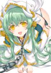  1girl all_fours bangs blush breasts chain collar crossed_bangs dragon_girl dragon_horns fang fate/grand_order fate_(series) green_hair hair_between_eyes hair_ornament highres hood hood_up hooded_robe horns kiyohime_(fate/grand_order) large_breasts long_hair long_sleeves looking_at_viewer morizono_shiki multiple_horns open_mouth simple_background smile solo tail thighhighs white_background white_bikini_bottom white_legwear white_robe wide_sleeves yellow_eyes 