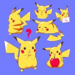  =_= ? artsy-rc blue_background circle_game commentary english_commentary gen_1_pokemon highres holding holding_sign no_humans pikachu pokemon pokemon_(creature) red_apple sign simple_background sleeping v 