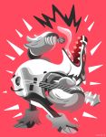  claws commentary electric_guitar emphasis_lines english_commentary gen_8_pokemon guitar holding holding_instrument holding_microphone instrument leaning_back microphone music obstagoon pink_background pokemon sharp_teeth signature simple_background singing standing teeth tongue tongue_out versiris 