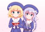  2girls :o bangs beret blonde_hair blue_eyes blue_hair blue_headwear blue_shirt blue_skirt blush book bow braid closed_mouth commentary_request eyebrows_visible_through_hair gochuumon_wa_usagi_desu_ka? goth_risuto green_eyes hair_between_eyes hat holding holding_book kafuu_chino kirima_sharo long_hair low_twintails multiple_girls object_hug open_book parted_lips petals pleated_skirt sailor_collar shirt skirt smile striped striped_bow twin_braids twintails very_long_hair white_bow white_sailor_collar 