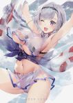  1girl aguy armpits arms_up azur_lane bangs blush breasts cheerleader copyright_name crop_top grey_hair holding_pom_poms large_breasts looking_at_viewer navel one_eye_closed open_mouth pom_poms purple_eyes reno_(azur_lane) reno_(biggest_little_cheerleader)_(azur_lane) sash see-through short_hair smile solo swept_bangs thighs two-tone_skirt underboob 